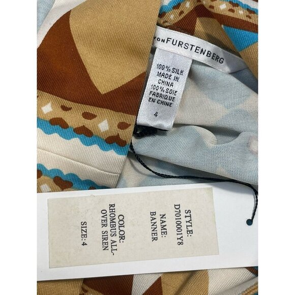 Diane Von Furstenberg Banner Dress Rhombus Blue Brown Print Silk Mini NWT Size 4 - Picture 8 of 10